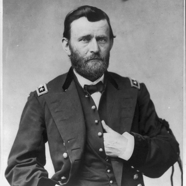 A black and white image of General Ulysses S Grant in uniform