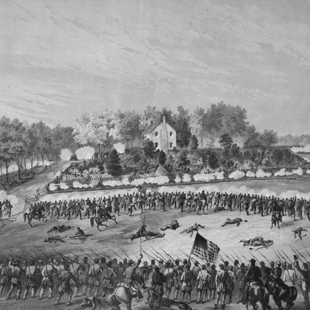 A black and white illustration depicts the war torn landscape 