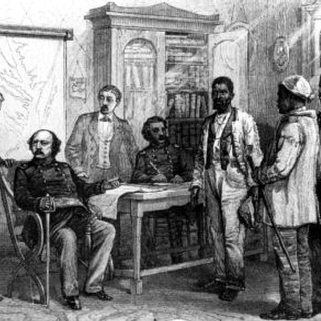 Engraving of Benjamin Butler meeting with escaped slaves at Fort Monroe