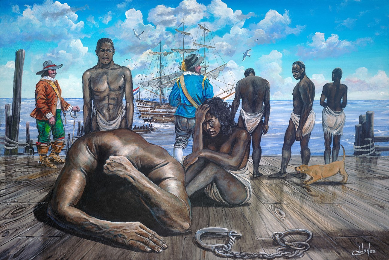 First Enslaved African Landing A painting depicts anguished enslaved men and women unshackled on a dock.