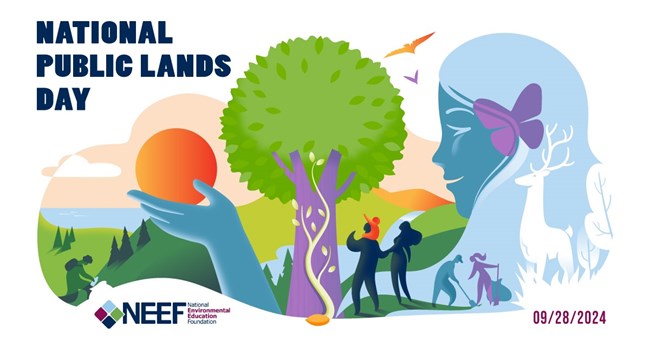 National Public Lands Day Graphic Graphic reading "NPLD. National Public Lands Day, National Park Service" with illustrations of visitors doing various park activities like scuba diving, hiking, kayaking, and picking up trash